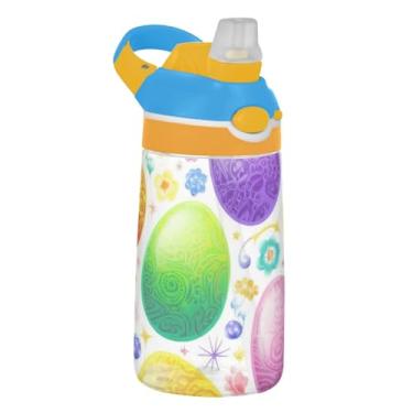 Imagem de Garrafa de água colorida floral ornamentada para crianças 473 ml Tritan garrafa de água de plástico portátil com tampa de canudo 473 ml copo de viagem infantil à prova de vazamento, reutilizável, alça