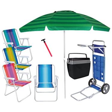 Imagem de Kit Praia Guarda Sol 2,4m Carrinho Avanço 4 Cadeira Alta Caixa Térmica 34L Saca Areia - Mor - Verde