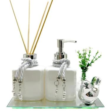 Imagem de Kit Lavabo Luxo Turmalina em PET com Difusor, Saboneteira e Bandeja Espelhada – Porta Sabonete Decorativo para Banheiro(BRANCO,PRETO)