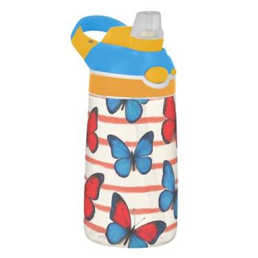 Imagem de Garrafa de água infantil com listras azuis vermelhas para escola, 473 ml Tritan 473 ml, garrafa de água esportiva com canudo, copo de viagem infantil à prova de vazamento, reutilizável, alça de