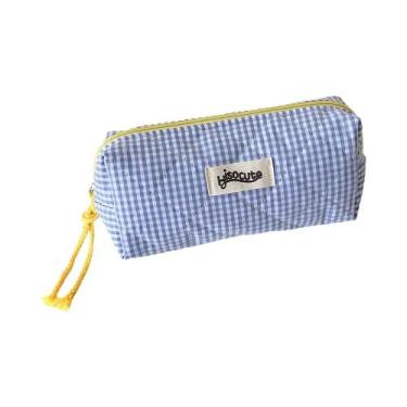 Imagem de Estojo De Lápis De Tecido Xadrez De Grande Capacidade, Bolsa De Maquia