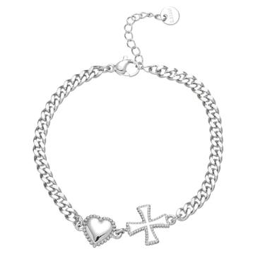 Imagem de Elefezar Pulseira de corrente grossa de aço inoxidável com elos cruzados de coração para mulheres e homens, acessórios de joias, Small, Pedra preciosa, Zircônia cúbica