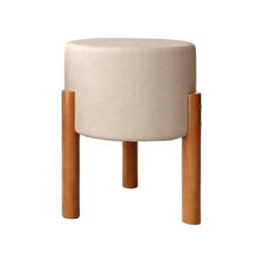 Imagem de Puff Decorativo Redondo com Pés em Madeira Maciça – Puff Multiuso para Sala e Quarto, Design Moderno, até 120kg(Bege)