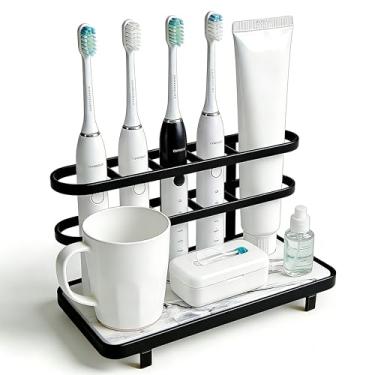 Imagem de Suportes de escova de dentes elétricos para banheiros, organizador de balcão de banheiro com tapete de terra de diatomáceas de secagem rápida, 5 compartimentos para escova de dentes e suporte de pasta