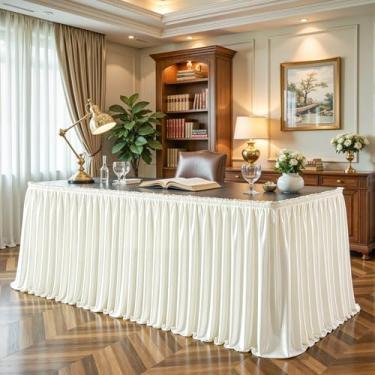 Imagem de Saia de mesa de cetim marfim 1,8 m brilhante de elastano para mesas retangulares/redondas, saia de mesa plissada com babados, toalha de mesa sem rugas para cozinha doméstica, festa de aniversário