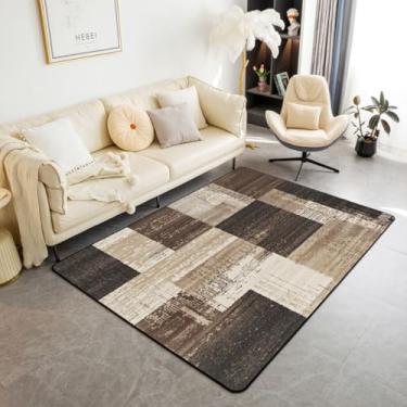 Imagem de jejeloiu Tapete geométrico moderno, 12 x 18 cm, poliéster, marrom, textura retrô, para sala de estar, para quarto, decoração de arte moderna, tapete de piso de luxo, macio, antiderrapante