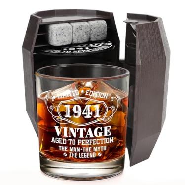 Imagem de WelDesine Presentes de aniversário de 85 anos para homens, conjunto de copos de uísque vintage 1941 em caixa de barril, ideias de presente de 85 anos para ele, marido, pai, vidro de pedra para