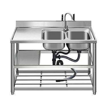 Imagem de Pia de catering de cozinha comercial, pia dupla de aço inoxidável independente, pia de restaurante comercial, lavatório utilitário de 2 compartimentos com bancada de trabalho e prateleiras de