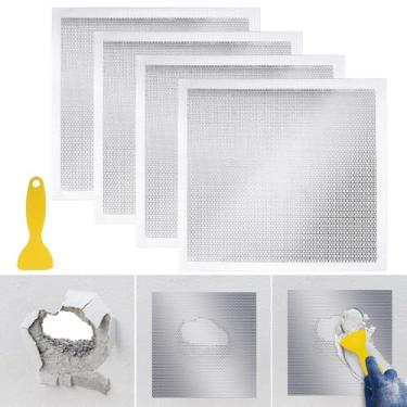 Imagem de Kit de reparo de drywall de malha de metal resistente, 4 peças de patch de parede autoadesivo de 30 x 30 cm para furos grandes, inclui 2 almofadas de lixamento e raspador para reparo de paredes e teto
