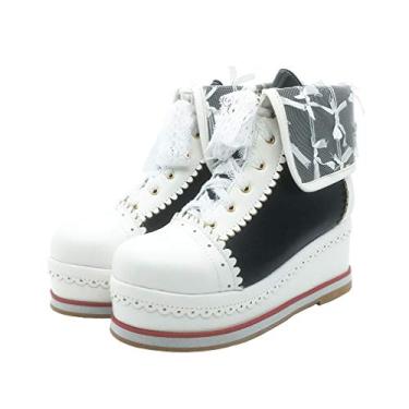 Imagem de HILIB Botas femininas fofas Lolita Cosplay Brogue Wedge Boots, Preto, 8