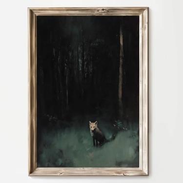 Imagem de Arte gótica de parede em tela de raposa floresta, estampas de animais vintage, imagens de casas de campo escuras, pintura de raposa vintage, pôster de animais da floresta, arte acadêmica, paisagem