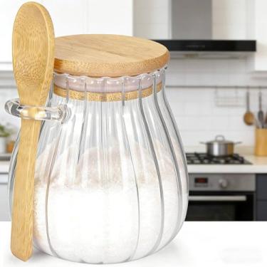 Imagem de 1 pote de armazenamento de vidro de 350 ml com tampa e colher, pote de tempero, adequado para armazenamento de artigos secos de cozinha (transparente)