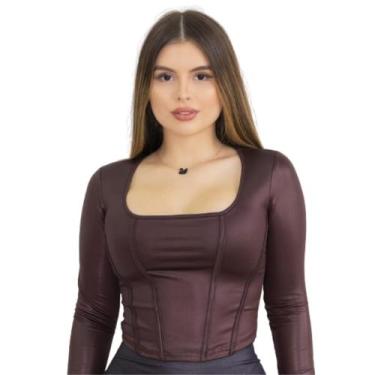 Imagem de Blusa Feminina Cirrê Imitando Corselete manga longa  - Mamu, Marrom, M