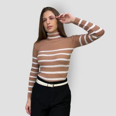 Imagem de Blusa Feminina Tricô Canelado Listrado Inverno Gola Alta - GIP ECOMMER