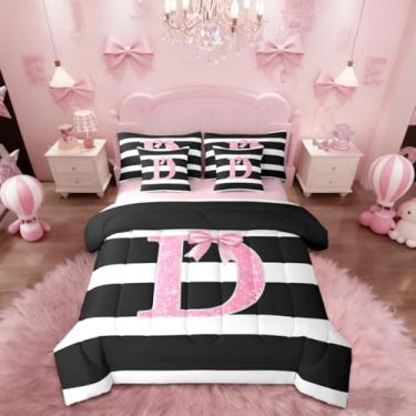Imagem de Erosebridal Conjunto de edredom Queen com laço com glitter e letra D para crianças, adolescentes, mulheres, rosa, monograma, listras, respirável, decoração de quarto