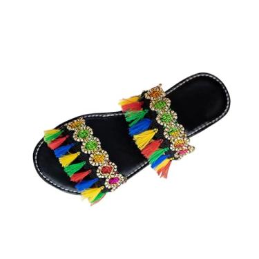 Imagem de Sandália feminina boêmia com borla plana sapatos casuais de praia para uso externo interno PU superior vários tamanhos, Preto, 35