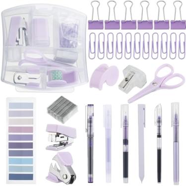 Imagem de Colarr Kit de mini material de escritório roxo inclui dispensador de fita grampeadora, removedor de grampeadores, clipes de papel, grampos de tesoura, apontador de caneta, pequena faca telescópica para escritório e estudante da escola