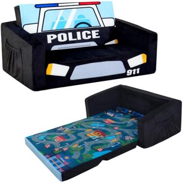 Imagem de MallBest Sofás infantis sofá-cama estofada para bebês poltrona do pijama poltrona reclinável aberta (preto/carro de polícia)