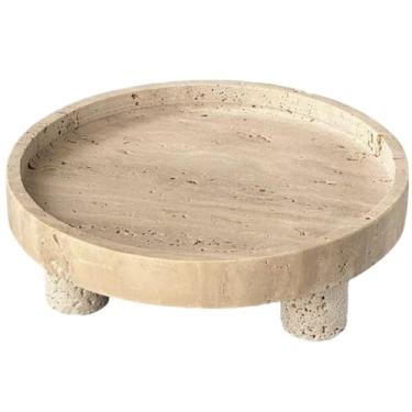 Imagem de Bandeja de mármore redonda travertino com pé – suporte de mármore para balcão de cozinha, bandeja de servir de pedra de vela de penteadeira, suporte de pedestal para mesa de jantar ou banheiro