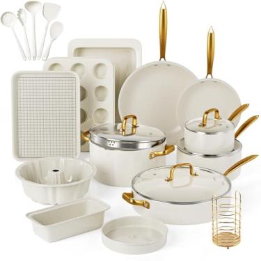 Imagem de Conjunto de panelas e frigideiras antiaderentes - Conjunto de panelas de granito + utensílios de cozinha conjuntos de panelas com forno holandês, frigideiras, panelas, frigideiras, frigideiras,