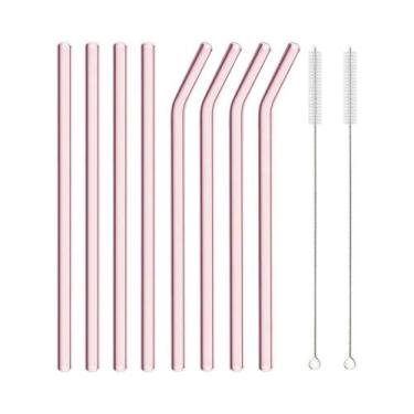 Imagem de Canudo De Vidro Borossilicato Reutilizável Rosa Com Escova De Limpeza 