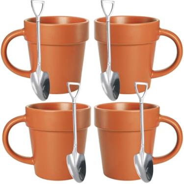 Imagem de Covzoe Pacote com 4 canecas de jardinagem, caneca de vaso de plantas de 368 g com 4 colheres de pá, caneca de café de cerâmica novidade presente para jardineiros, amantes de plantas, homens, mulheres
