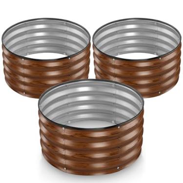 Imagem de Canteiro de jardim elevado galvanizado redondo // 2 × 2 × 1 pés (pacote com 3) canteiros elevados galvanizados ao ar livre para jardinagem, vegetais, flores (grão de madeira escura) // Plantador