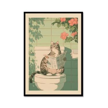 Imagem de Tela de arte de parede de banheiro japonês com gatos lidos jornal pôster de flores abstratas impressões de animais engraçados pintura zen minimalista decoração de banheiro spa para casa de banho