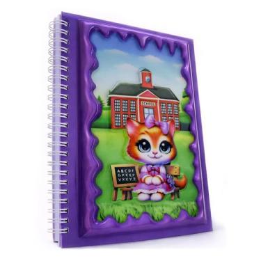 Imagem de omatek smart technologies Caderno espiral com capa brilhante 3D A5 – Caderno de capa dura fofo com 80 folhas – Caderno escolar para crianças, meninas e meninos – Pequeno gato escolar