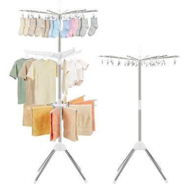 Imagem de VewePata Escorredor de roupas dobrável – Rack de secagem de roupa de 190 cm, 3 camadas, suporte portátil para roupas com trilho giratório para roupas com 24 clipes, 8 palitos de toalha e 3 braços