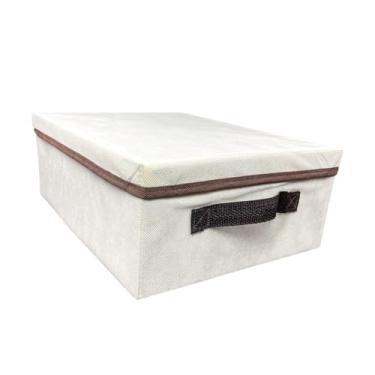 Imagem de Caixa Organizadora com Tampa 28x15x38cm Bege com Borda Marrom | Suporta até 25kg | Alça Puxadora | TNT 80g + Cadboard + Poliéster | 10046