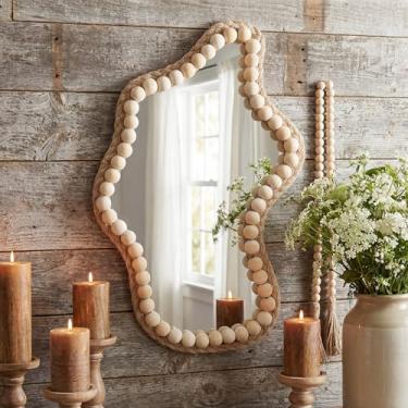 Imagem de Fiwochic Espelho decorativo de parede com contas de madeira irregulares, casa de fazenda, boho, casa de banho, espelhos decorativos rústicos montados na parede para quarto, sala de estar, vaidade