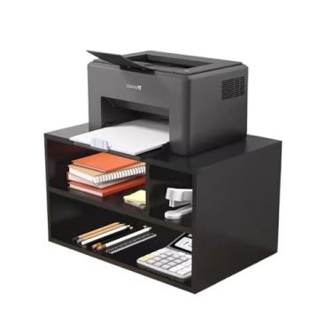 Imagem de Prateleira de impressora de mesa de escritório pequena dupla de madeira copiadora de mesa organizador de altura mesa de armazenamento para impressora (preto)
