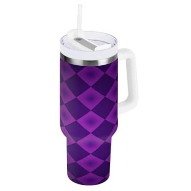 Imagem de Blueangle Copo com isolamento de diamante diagonal de 850 g Mardi Gras com alça e tampa de palha, caneca de viagem reutilizável de aço inoxidável (621)