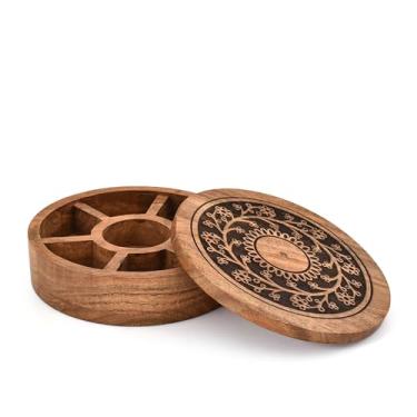 Imagem de Hanol Saleiro e pimenta, caixa de armazenamento de especiarias de madeira de acácia premium com gravação floral – Organizador redondo de 7 compartimentos para temperos, ervas (20 x 20 x 5,7 cm)