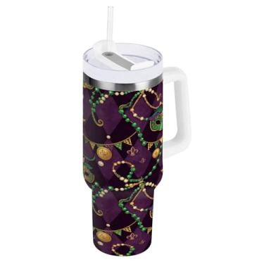 Imagem de Blueangle Copo isolado de máscara de carnaval de 1,134 g com alça e tampa de palha, caneca de viagem reutilizável de aço inoxidável (725)