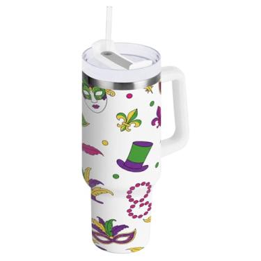 Imagem de Blueangle Copo isolado Carnaval de 850 g Carnaval com alça e tampa de palha, caneca de viagem reutilizável de aço inoxidável (570)