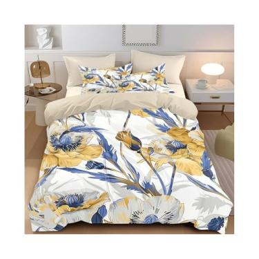 Imagem de Conjunto de cama com 3 peças de decoração floral azul e amarelo - Inclui 1 capa de colcha e 2 fronhas (sem enchimento) (229 x 229 cm)