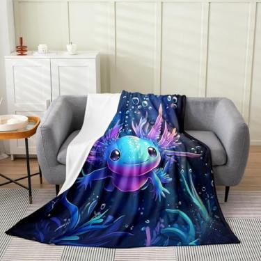 Imagem de Feelyou Lindo cobertor de lã Axolotl Queen 228.6 cm x 228.6 cm Kids Cartoon Salamandra flanela cobertor felpudo para sofá sofá meninos meninas adolescentes azul preto todas as estações