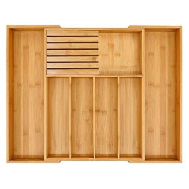 Imagem de Organizador de gaveta talheres bambu para cozinha porta-utensílios expansível e bandeja com divisor armazenamento bloco facas removível maximiza o esp