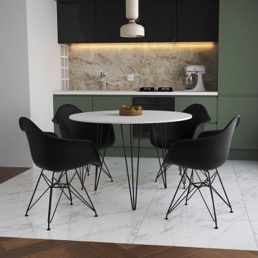 Imagem de Mesa Jantar Redonda 90Cm Branca Clips 3 Pés Com 4 Poltronas Pretas Ferro Preto Branco