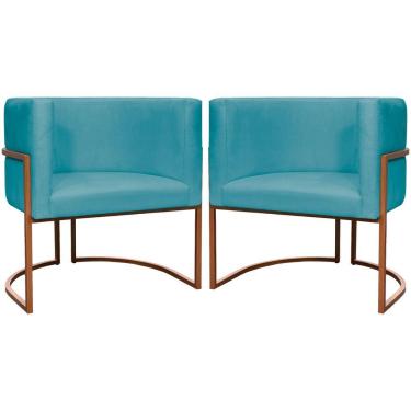 Imagem de Kit 2 Poltronas Para Sala De Recepção Luna Suede Cores Base De Ferro Bronze - Azul-turquesa, Suede