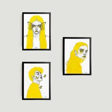 Imagem de Kit 3 Quadros Yellow Design 33X24Cm - Vidro Moldura Preta