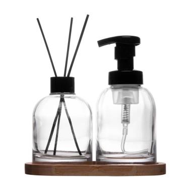 Imagem de Jogo De Banheiro Kit 3 Peças Bandeja Difusor Porta Sabonete Vidro E Bambu Wolff