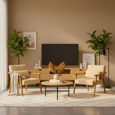 Imagem de Kit 2 Poltrona Aurora Linho Acompanha Almofada Decorativa Madeira Maciça Sala De Estar