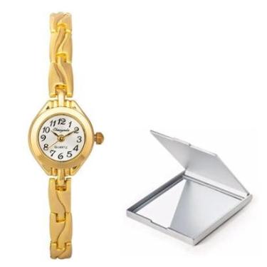 Imagem de Kit Relógio De Luxo Mini Feminino Dourado Casual Com Espelho-Feminino