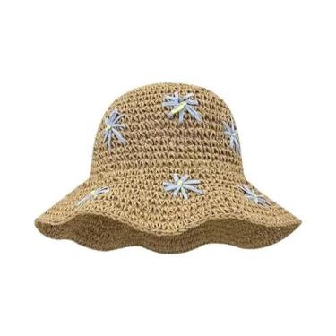 Imagem de Chapéu De Palha Dobrável Feminino De Verão Com Flores Bordadas E Prote