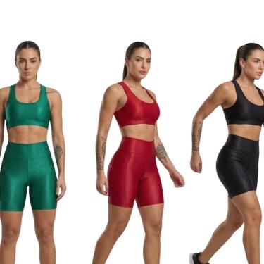 Imagem de KIT 3 Bermuda Fitness Com Bolso Esmeralda Bella Fiore Cós Alto Academia Treino Feminina...