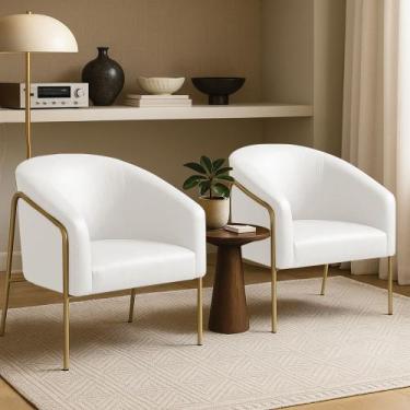 Imagem de Poltrona Sala Industrial Alta Dourado Kit 2 Stella Sintético PU Branco