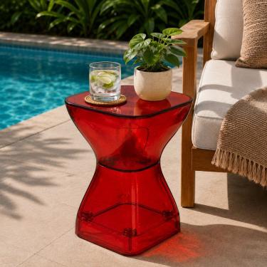 Imagem de Mesa Lateral Multiuso Redonda Plástico Design Moderno Vermelha Translúcida para Jardim Decoreshop